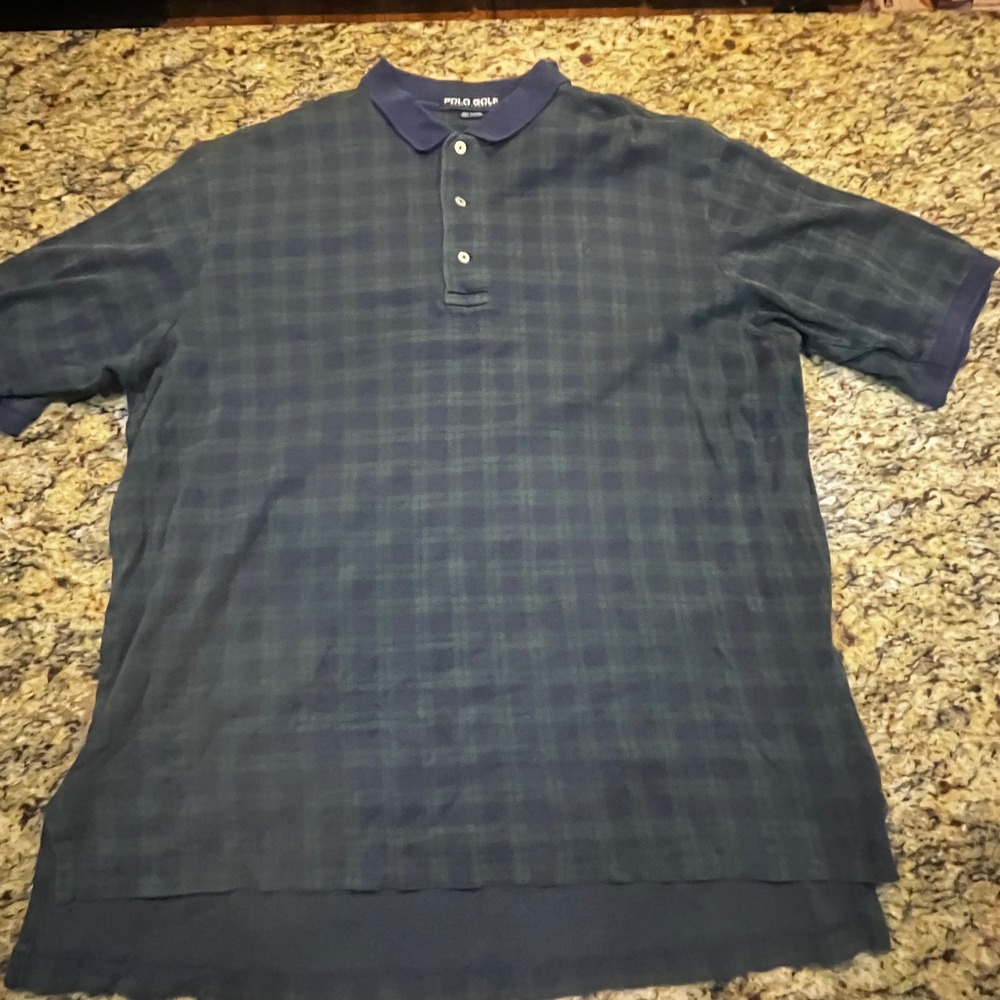 Vintage Polo Golf Ralph Lauren Men XL Plaid Shirt Navy Green Cotton Short Sleeve